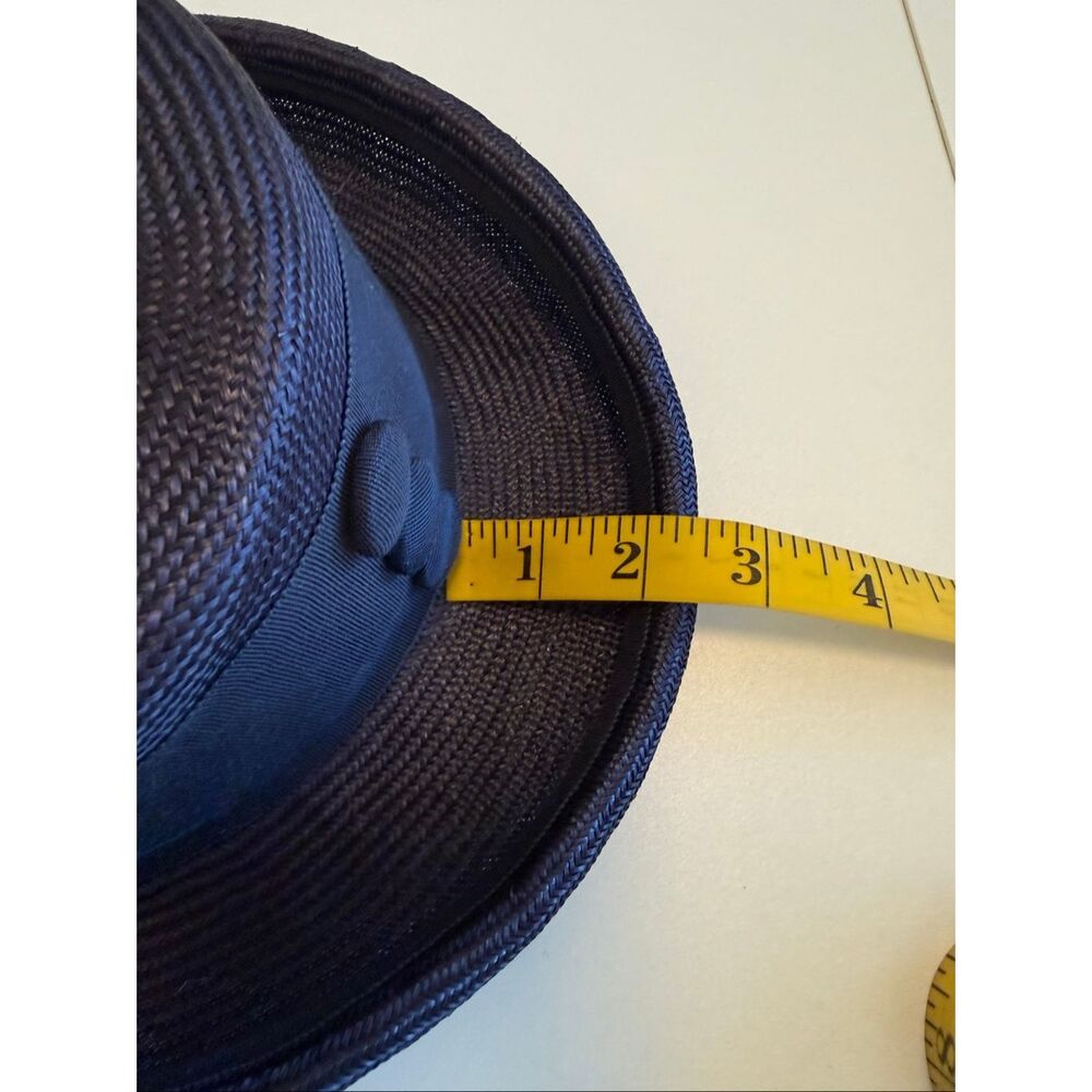 Vintage Eric Javits Boater Hat Navy Straw Grosgrain Ribbon Three Buttons Regal - Picture 9 of 9